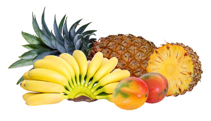 Pineapple, banana and mango isolated on white background with clipping path