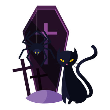 halloween black cat with cofin
