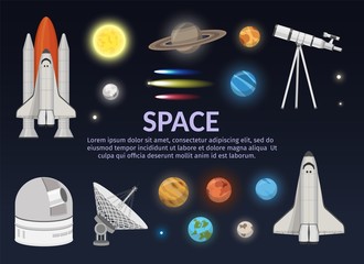 Big set of Solar system Space Shuttle Illustration and astronomy observatory the science background objects © borodatch
