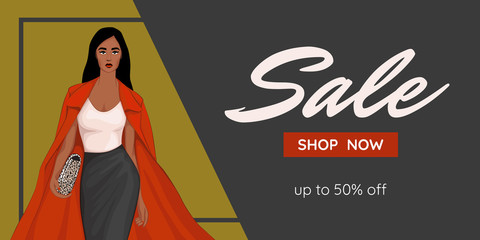 Fashion sale banner with woman fashion outfit, online shopping social media, voucher or web template with beautiful woman. Autumn mood. Vector illustration.