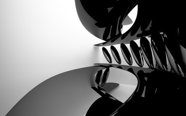 Abstract dynamic interior with black smoth objects . 3D illustration and rendering