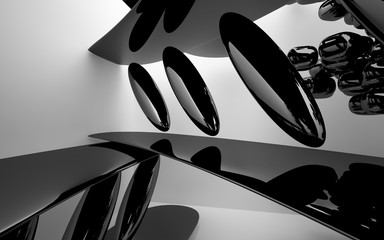 Abstract dynamic interior with black smoth objects . 3D illustration and rendering