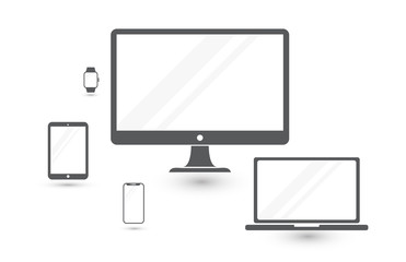Set of minimalistic computer monitor, laptop, tablet, mobile phone and smart watch. Electronic gadgets isolated on white background icons