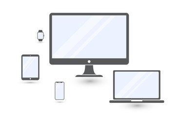 Set of minimalistic computer monitor, laptop, tablet, mobile phone and smart watchblue screen. Electronic gadgets isolated on white background icons
