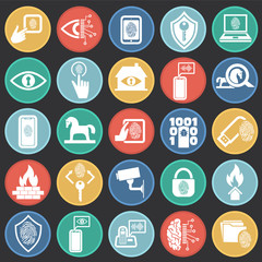 Cyber security and computer icons set on color circles black background for graphic and web design, Modern simple vector sign. Internet concept. Trendy symbol for website design web button or mobile