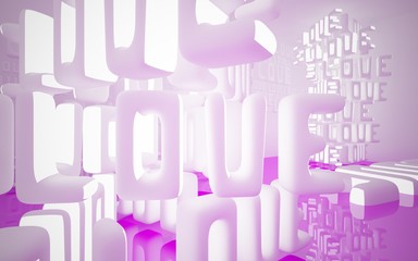 Abstract smooth interior of the future with statue of  word "love". Night view from the backlight. Architectural background. 3D illustration and rendering 