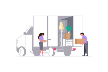 Moving truck with movers and cardboard boxes.