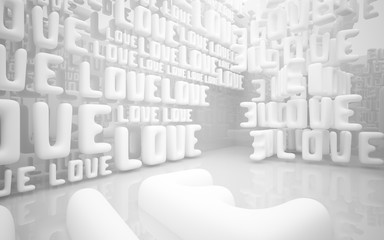 Abstract smooth white interior of the future with statue of  word "love". Architectural background. 3D illustration and rendering 