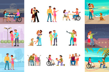 Fototapeta premium Big set of different types of romantic relationships of disabled people