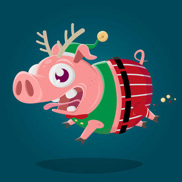 funny cartoon illustration of a crazy pig in christmas elf costume