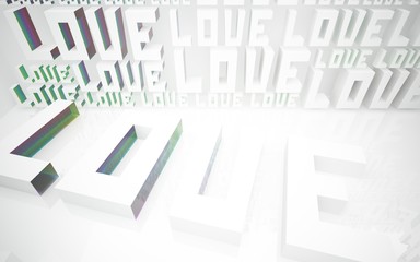 Abstract white interior with statue of  word "love" and colored gradient glossy lines. 3D illustration and rendering