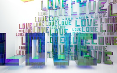 Abstract dynamic interior with  statue of  word "love" and  colored glass lines. 3D illustration and rendering