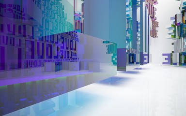 Abstract dynamic interior with  statue of  word "love" and  colored glass lines. 3D illustration and rendering