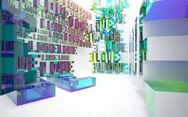 Abstract dynamic interior with  statue of  word "love" and  colored glass lines. 3D illustration and rendering