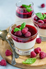 Vanilla Panna cotta with raspberry and mint.