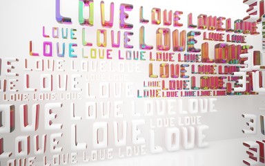 Abstract dynamic interior with white smooth statue of  word "love" and  colored glass lines. 3D illustration and rendering