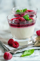Vanilla Panna cotta with raspberry sauce and mint.