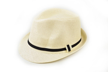 Beige men's hat on a white isolated background. Men hat 1960s and 1970s style men’s on white background ,vintage fashion popular