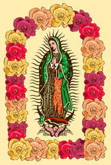Virgin of Guadalupe, color Roses Vector illustration	