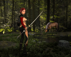 Woman warrior with katana weapon in hand, looking back. Horse in background. 3D rendering. © Nada Sertic