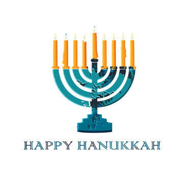 Jewish traditional holiday Hannukah. Greeting card with menorah and text Happy Hanukkah.