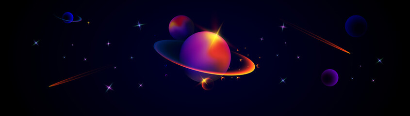 Wide vector illustration of space. Space background with planets and stars. Space exploration. Gradient Fluid Design. © Yuri Hoyda