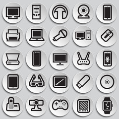 Cool gadgets and electronic devices set on plates background icons