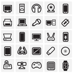 Cool gadgets and electronic devices set on squares background icons