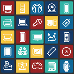 Cool gadgets and electronic devices set on color squares background icons