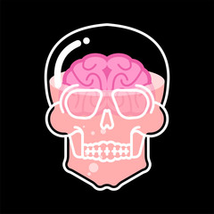 Transparent glass skull and brain. Skeleton head inside brains. Vector illustration