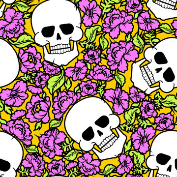 Skull and flowers pattern seamless. Skeleton head and roses background. Death and love texture