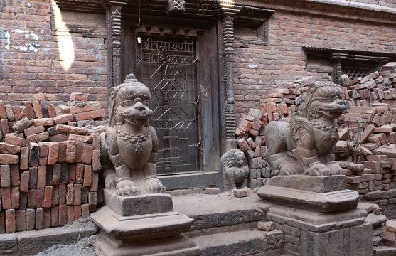 Ancient temple in Bhaktapur after the earthquake damage in Kathmandu valley, Nepal