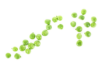 Fresh green peas isolated on white background, top view.