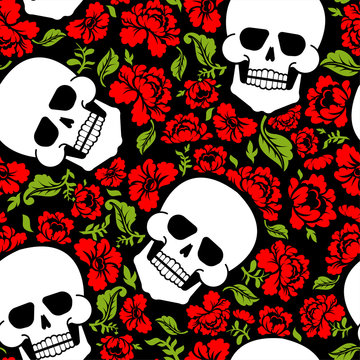 Skull and flowers pattern seamless. Skeleton head and roses background. Death and love texture