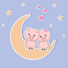 A beautiful two cute pigs in love sitting on the moon at night, look at the hearts and stars.