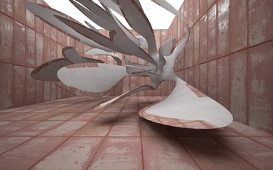 Empty smooth abstract room interior of sheets rusted metal and gray concrete. Architectural background. 3D illustration and rendering