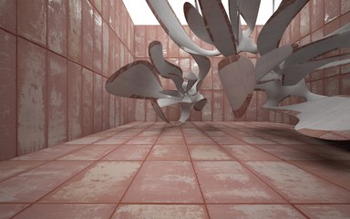 Empty smooth abstract room interior of sheets rusted metal and gray concrete. Architectural background. 3D illustration and rendering