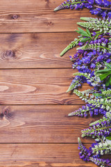 Brown wooden background with lupines