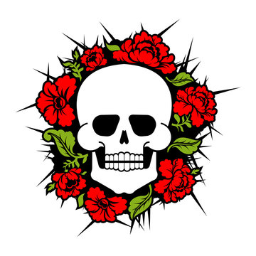 Skull and flowers. Skeleton head and roses. Death and love