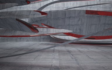 Empty dark abstract glass red and concrete smooth interior. Architectural background. 3D illustration and rendering