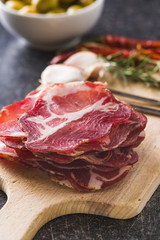 Dried pork meat slices.