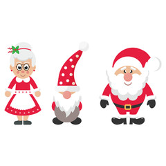 cartoon christmas dwarf and cartoon santa claus and cartoon mrs santa