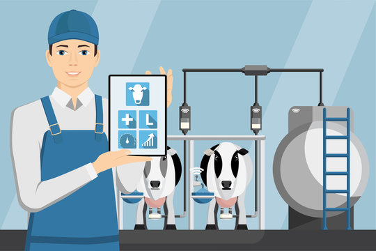 Farmer with tablet on a modern dairy farm. Smart farming, herd management and automatic milking. Vector illustration.