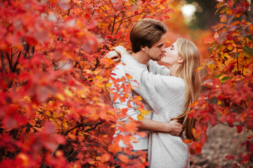 autumn love, couple kissing in fall park