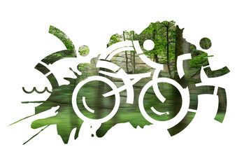 Triathlon Racers in the wild.
Blurred photo of a forest set in a stylized illustration of a triathlon race.