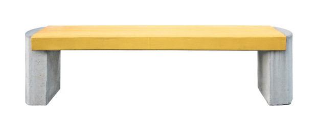 Small bench with orange wooden seat and stone legs,  isolated on a white background