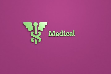 Text Medical with green 3D illustration and purple background