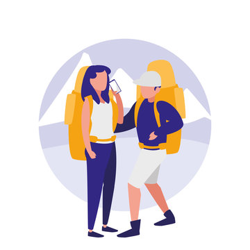 recommend clip art: couple with climbing bag and smartphone