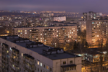 Soviet architecture, residential blocks in twilight, urban background
