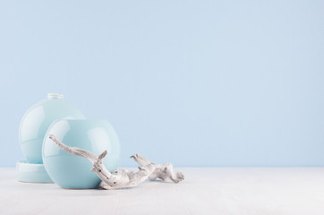 Minimalistic home decor in trendy pastel light blue color - ceramic sphere vases and old branch on white wood background.